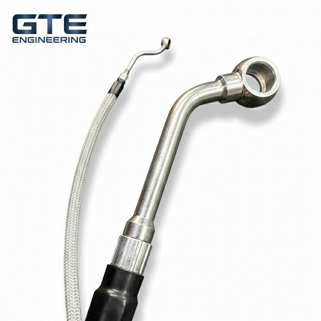 Close-up of Lamborghini E-Gear hose banjo fitting and crimp
